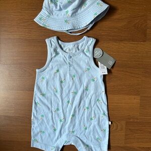 GAP Light Blue Palm Print Baby Romper and Hat